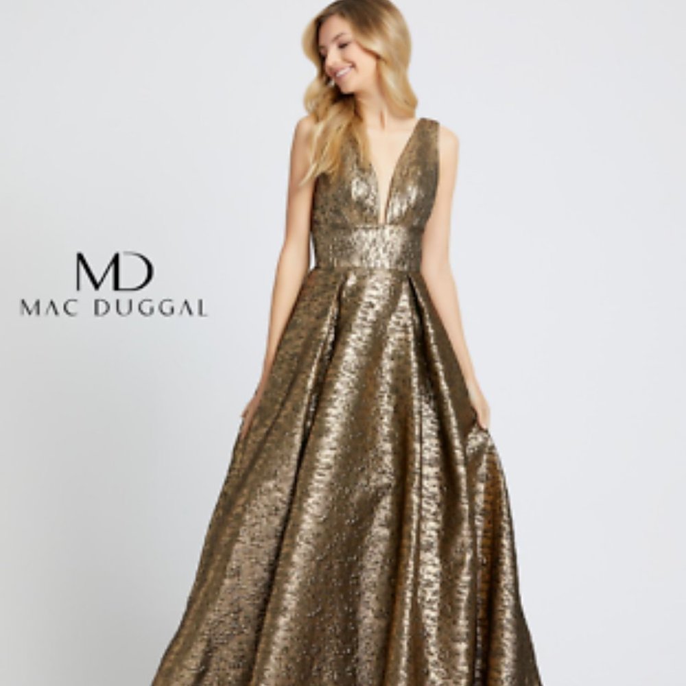 Mac Duggal Gold Prom Dress with Shimmering Finish